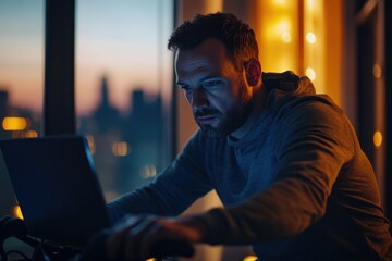 Obraz premium A man works on his laptop at night, illuminated by city lights and warm indoor lighting.