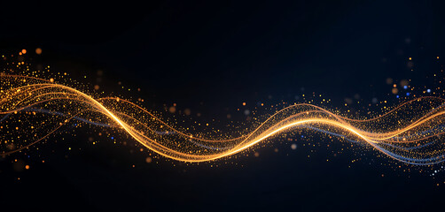 Obraz premium Abstract golden gradient particles shimmering glowing dark and light sparkling line, minimalist, luminous, twisted, celebrating theme, on dark blue background, 