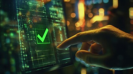 Obraz premium Engineer's hand is touching a futuristic touchscreen, selecting a green check mark, symbolizing successful completion or approval in an innovative manufacturing process