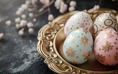 Obraz premium Luxury mockup background with space for text featuring Easter eggs with delicate foil accents placed in an ornate golden tray for a sophisticated festive look for Easter