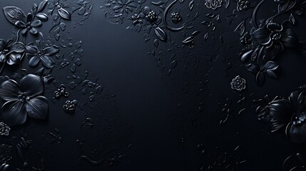 Floral Relief Embossed Dark Background with Ornate Flower Blossoms and Textured Surface Design.