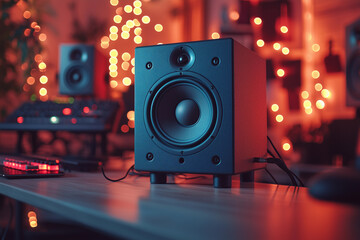 High-end studio monitor speaker with a sleek design enhances sound quality in a cozy music studio...