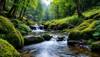 Obraz premium Mountain stream after rain at Kleine Ohe at Waldhauser in the Bavarian Forest National Park in Bavaria, Germany