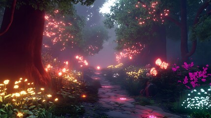 A Mystical Forest Path Illuminated by Glowing Flowers