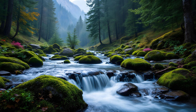 Mountain stream after rain at Kleine Ohe at Waldhauser in the Bavarian Forest National Park in Bavaria, Germany