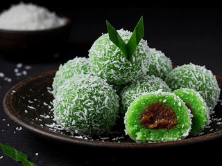 A close-up shot of traditional Indonesian Klepon cakes, arranged on a dark ceramic plate.