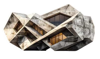 Architectural structure of worn raw concrete and heptagonal and deconstructivist geometric design with influences of brutalism and parametricism with superimposed and intersecting angular volumes.