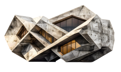 Architectural structure of worn raw concrete and heptagonal and deconstructivist geometric design with influences of brutalism and parametricism with superimposed and intersecting angular volumes.