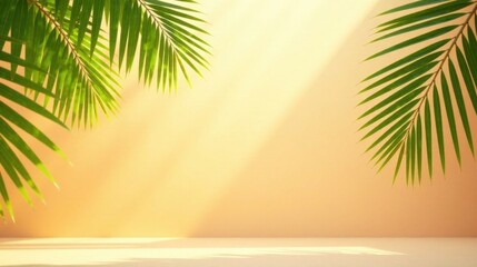 Serene Palm Fronds Framing a Sunlit Peach-Colored Background with Subtle Shadow Play and an Empty Horizontal Surface Ideal for Product Placement or Text Overlay