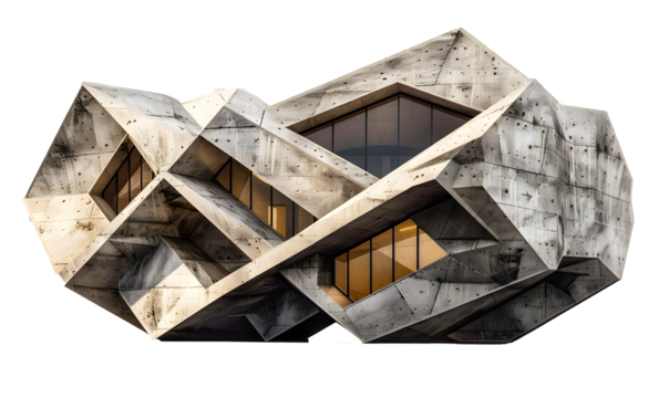 Architectural structure of worn raw concrete and heptagonal and deconstructivist geometric design with influences of brutalism and parametricism with superimposed and intersecting angular volumes.