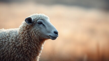 Fototapeta premium Close-up of a sheep with soft wool in a natural setting, farm animal portrait photography concept