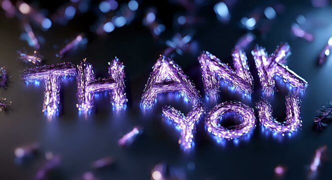 Glowing purple text saying thank you with sparkle effect and bokeh lights on dark background, creative typography design for gratitude expression.