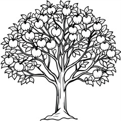 Obraz premium A detailed line art illustration of a fruit-bearing tree with abundant leaves and apples.