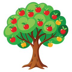 A vibrant illustration of a green tree with red apples.