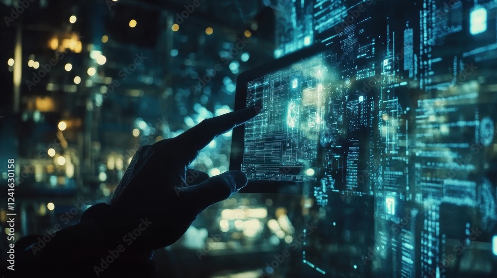Poster engineer uses a futuristic transparent tablet to control an innovative manufacturing process in a fa