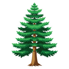A stylized evergreen tree with layered green foliage and a brown trunk.