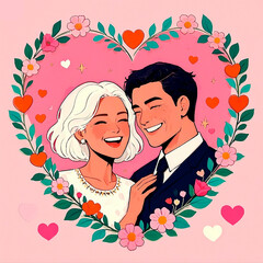 Romantic composition with a couple laughing inside a heart surrounded by pastel flowers and leafy accents