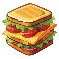 A cartoon-style sandwich with lettuce and tomato, topped with a slice of bread.