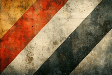 Artistic composition of weathered stripes in red, white, and black with textured surface. Generative AI