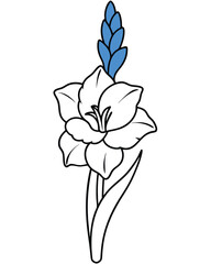 A stylized illustration of a white flower with a blue accent.