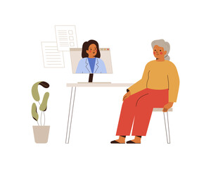 online medical appointment or Telemedicine. senior woman talking to doctor have video call from home. Therapist, general practitioner remote consultation with grandmother, recommendation and receipts