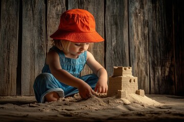 Obraz premium A toddler in an orange hat builds a sandcastle against a rustic wooden backdrop.
