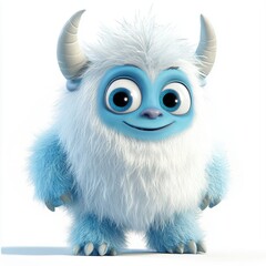 Obraz premium cute yeti with icy blue fur, tiny horns, and a playful expression, standing in a snowy landscape, isolated on white