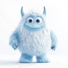 Obraz premium cute yeti with icy blue fur, tiny horns, and a playful expression, standing in a snowy landscape, isolated on white