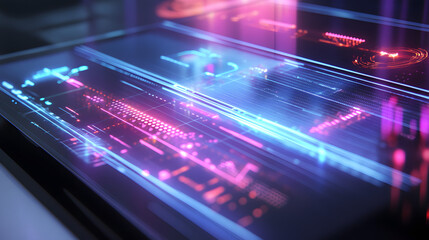 Obraz premium Next-generation solar panels with 3D holographic energy displays, illustrating the full lifecycle of solar energy from generation to storage and use.