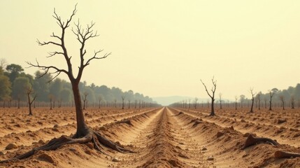 Fototapeta premium Arid Landscape Rows of Withered Trees and a Dusty Path Leading to a Hazy Horizon