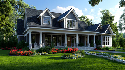 Fototapeta premium A traditional cottage style house with a charming front porch with beautiful flowers and green grass theme