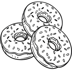 A black and white illustration of stacked donuts with sprinkles and icing.