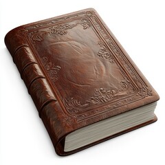 Fototapeta premium Leather-bound journal with a classic embossed cover, isolated on a bright white background