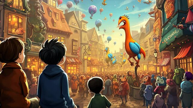 Whimsical cartoon of children watching a vibrant Thanksgiving parade filled with colorful balloons and festive characters in a charming town square during autumn festivities