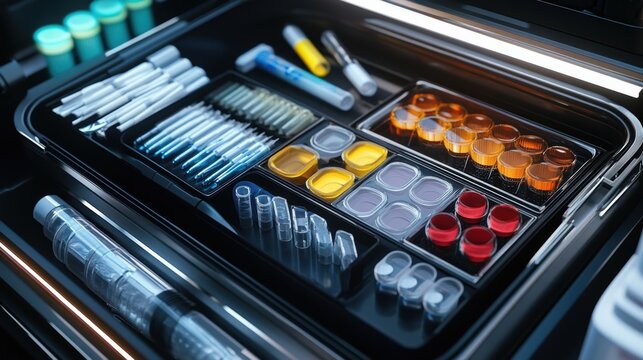 A closeup of an open diagnostic kit displaying organized compartments filled with testing reagents and sampling tools designed for easy access and efficiency highlighting the functionality