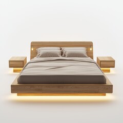 Minimalist wooden platform bed with integrated nightstands and soft LED lighting underneath, isolated on white background