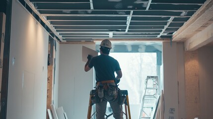 Fototapeta premium A construction worker installing drywall on a wall.