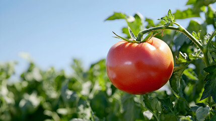 Ripe red tomato on vine, sunny farm field