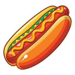 A colorful illustration of a hot dog with toppings on a bun.
