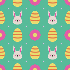 Seamless Easter pattern featuring bunny faces, decorated eggs, and flowers in a cute and festive style.