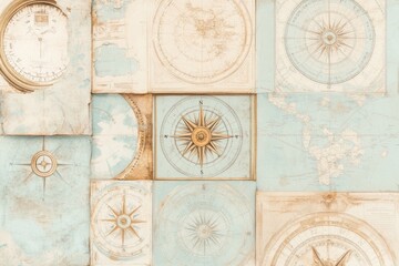 Naklejka premium Collage of Nautical Charts, Compass Designs, and Map Fragments in Faded Blue and Gold Tones for Minimalist Decor