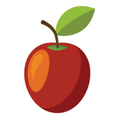A stylized illustration of an apple with a green leaf and brown stem.