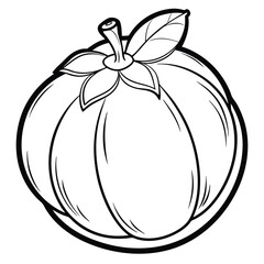 A simple black and white illustration of a pumpkin with a leaf and stem.