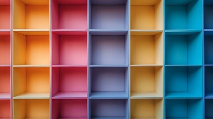 Colorful empty square shelves in rows creating geometric pattern with vibrant orange, pink, purple, yellow and turquoise compartments for modern interior design.