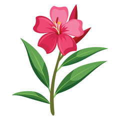 A colorful illustration of a pink flower with green leaves.