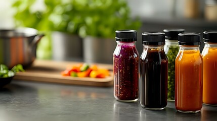 Fresh colorful detox juices and smoothies in glass bottles on dark counter, healthy drinks with fruits and vegetables, selective focus on foreground.