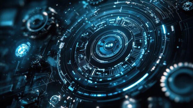Complex circular hud interface illustrating innovative manufacturing processes, transforming industry with advanced technology and futuristic design for enhanced efficiency and automation