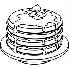 A line art illustration of a stack of pancakes topped with syrup and a dollop of cream.
