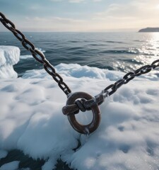 Frozen anchor chain partially covered in ice with sea view in winter, steel, snow