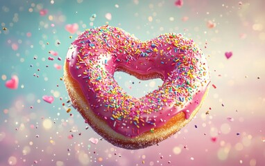 Flying heart-shaped doughnut with pink icing and colorful sprinkles with a burst of sugar sparkles on a romantic background for Saint Valentines Day and 8 March International Womens Day